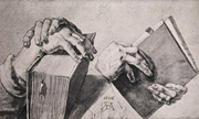 A drawing of hands holding books