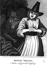 An illustration of a woman speaking to an evil looking creature