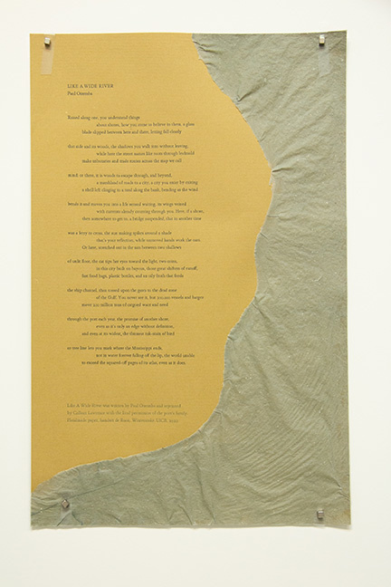 image with printed poem on tan paper with blue green paper on the right side