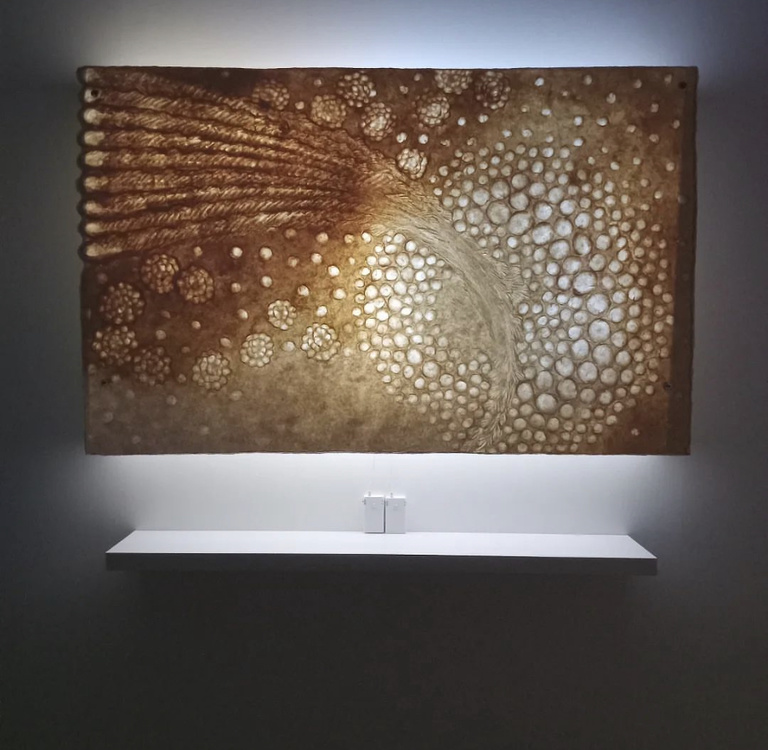 Photo of a low relief drawing made in handmade flax up on a gallery wall, illuminated. 
