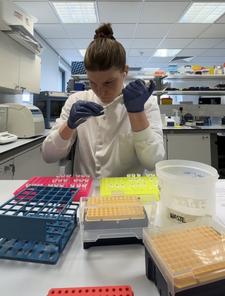 A woman in a lab with samples using a pipette to test