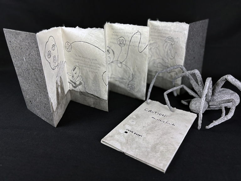 Black and grey accordion book and a spider moulded out of paper