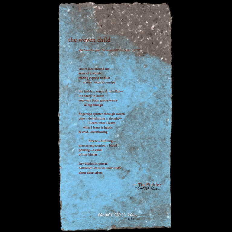 Letterpress printed broadside on bluish paper titled 'the woven child'