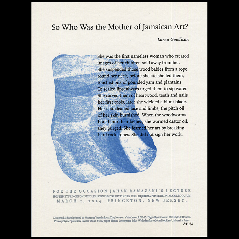 Letterpress printed broadside titled 'So Who Was the Mother of Jamaican Art?'