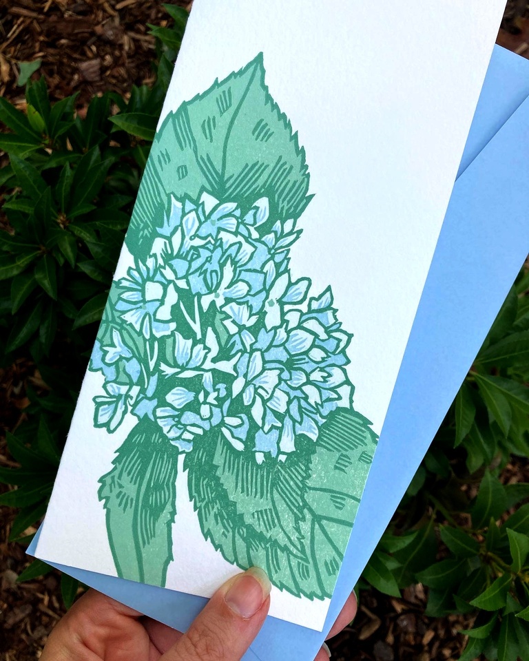 Letterpress printed card with a hydrangea and envelope.